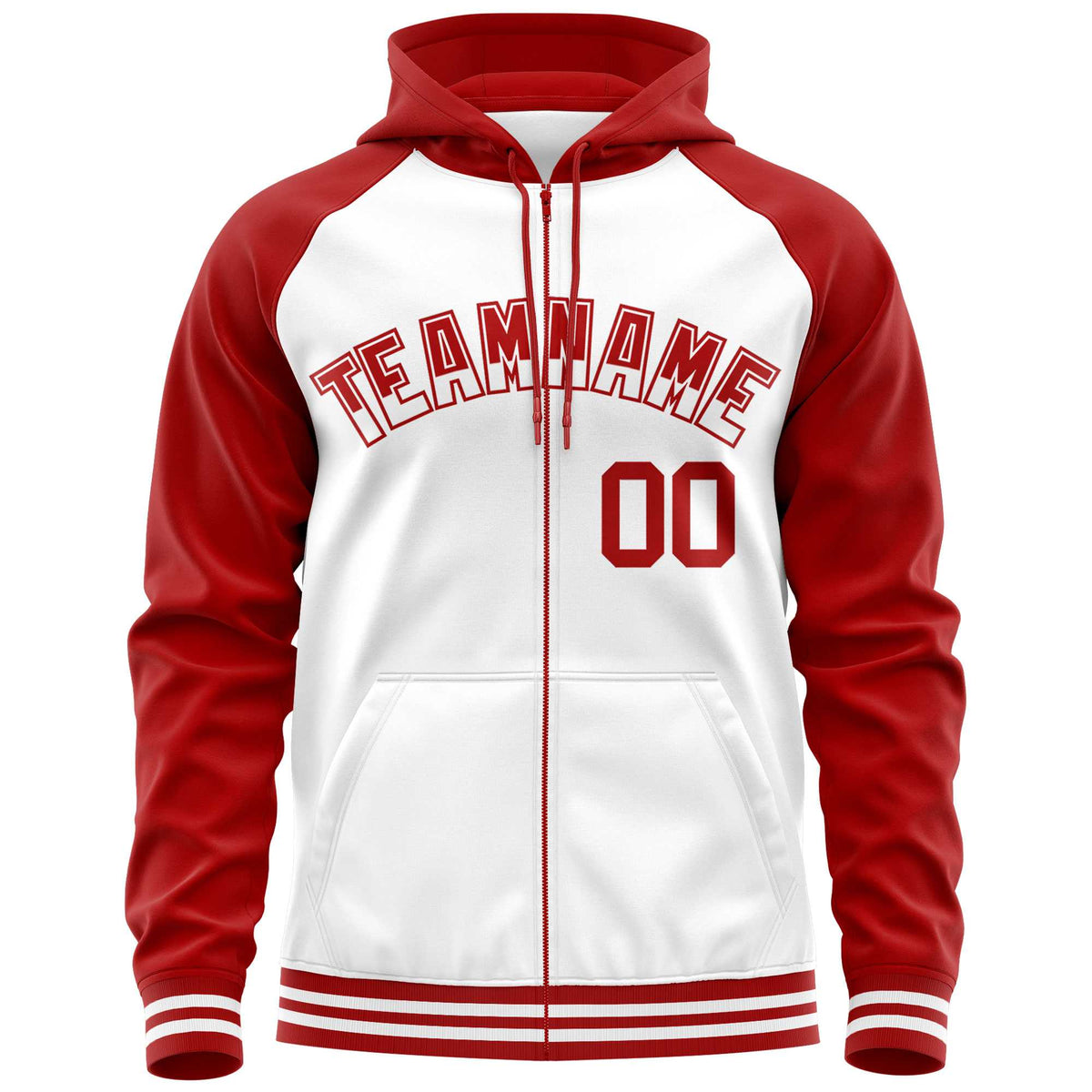 Custom Stitched White Red Raglan Sleeves Sports Full-Zip Sweatshirt Hoodie| KXKSHOP