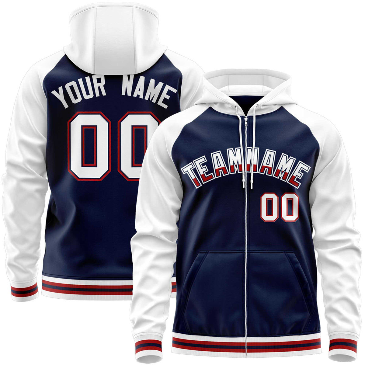 Custom Stitched Navy White Raglan Sleeves Sports Full-Zip Sweatshirt Hoodie| KXKSHOP