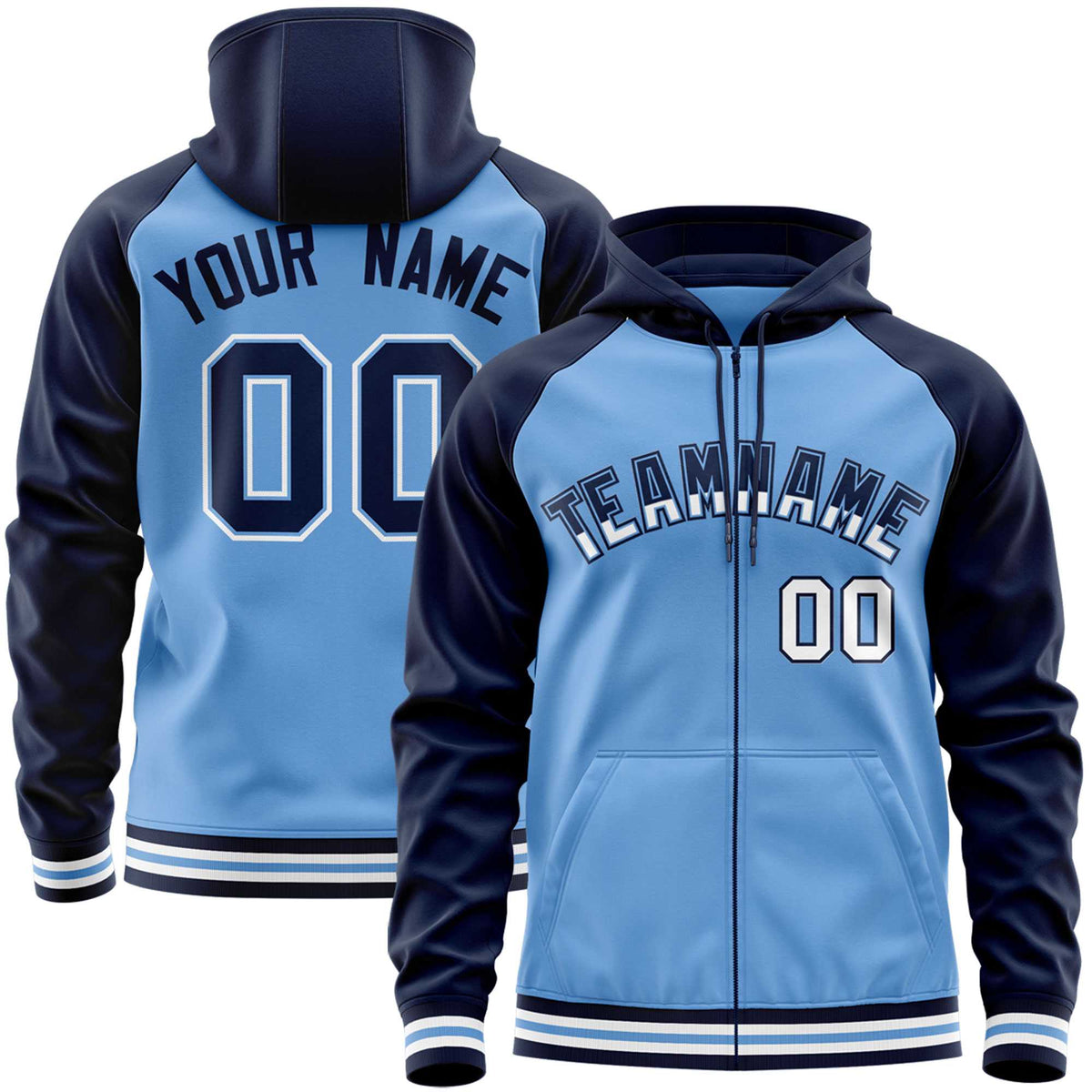 Custom Stitched Powder Blue Navy Raglan Sleeves Sports Full-Zip Sweatshirt Hoodie| KXKSHOP