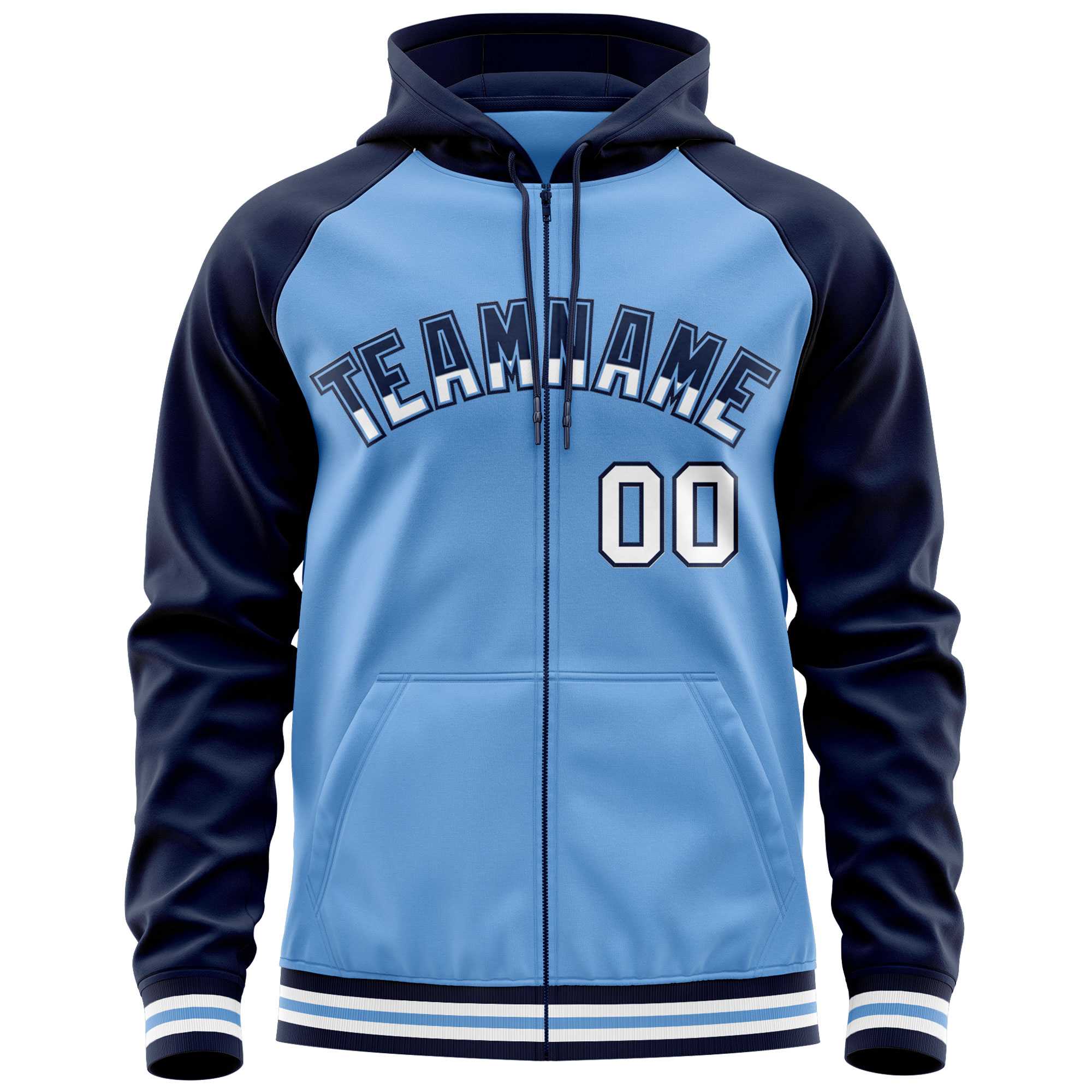 Custom Stitched Powder Blue Navy Raglan Sleeves Sports Full-Zip Sweatshirt Hoodie| KXKSHOP