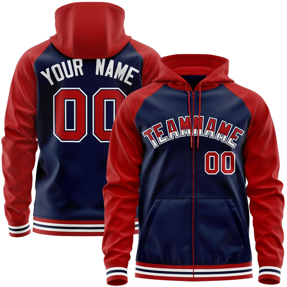 Custom Stitched Navy Red Raglan Sleeves Sports Full-Zip Sweatshirt Hoodie| KXKSHOP