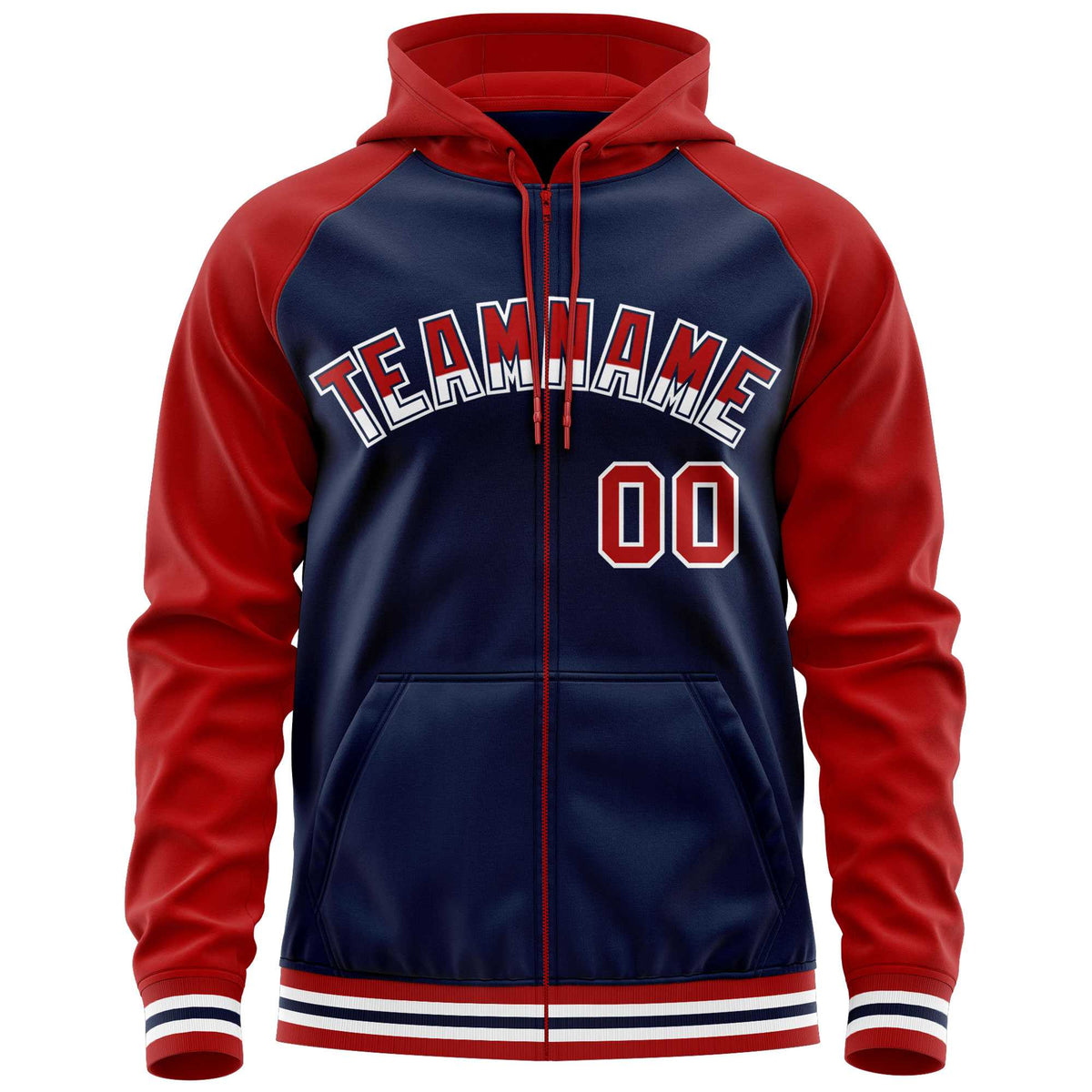 Custom Stitched Navy Red Raglan Sleeves Sports Full-Zip Sweatshirt Hoodie| KXKSHOP