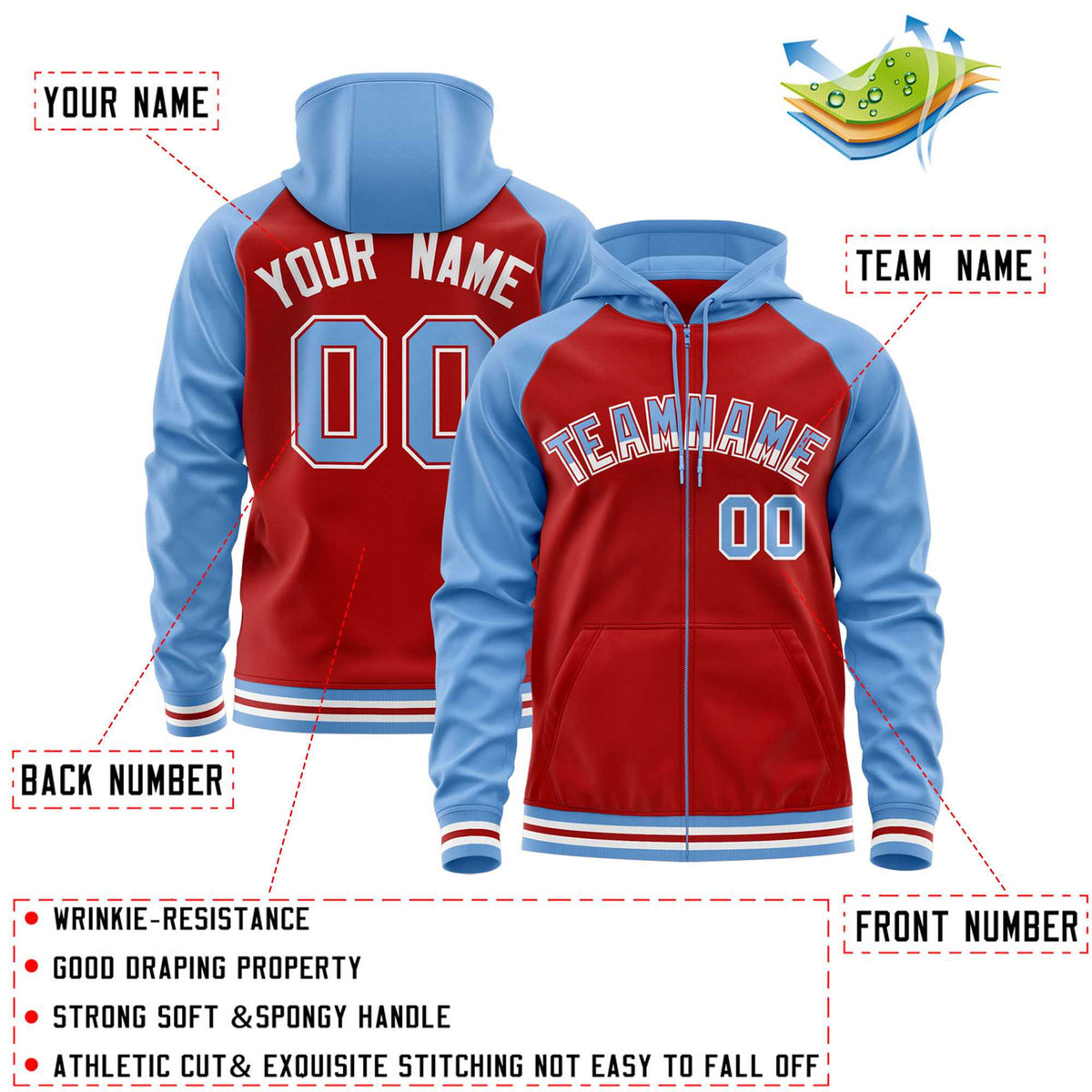 Custom Stitched Red Powder Blue Raglan Sleeves Sports Full-Zip Sweatshirt Hoodie| KXKSHOP