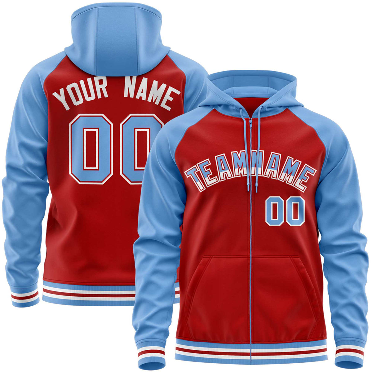 Custom Stitched Red Powder Blue Raglan Sleeves Sports Full-Zip Sweatshirt Hoodie| KXKSHOP