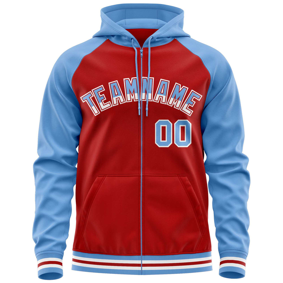 Custom Stitched Red Powder Blue Raglan Sleeves Sports Full-Zip Sweatshirt Hoodie| KXKSHOP