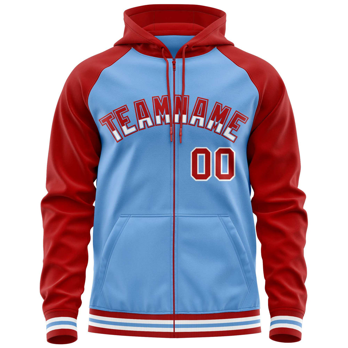 Custom Stitched Powder Blue Red Raglan Sleeves Sports Full-Zip Sweatshirt Hoodie| KXKSHOP