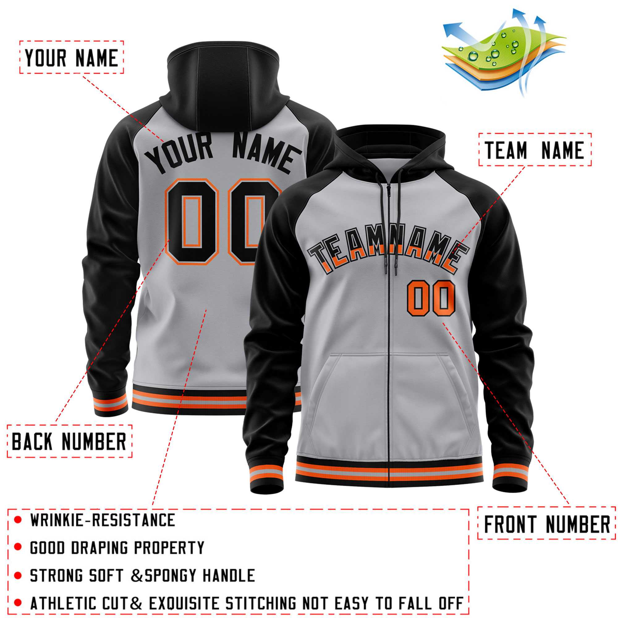 Custom Stitched Gray Black Raglan Sleeves Sports Full-Zip Sweatshirt Hoodie| KXKSHOP