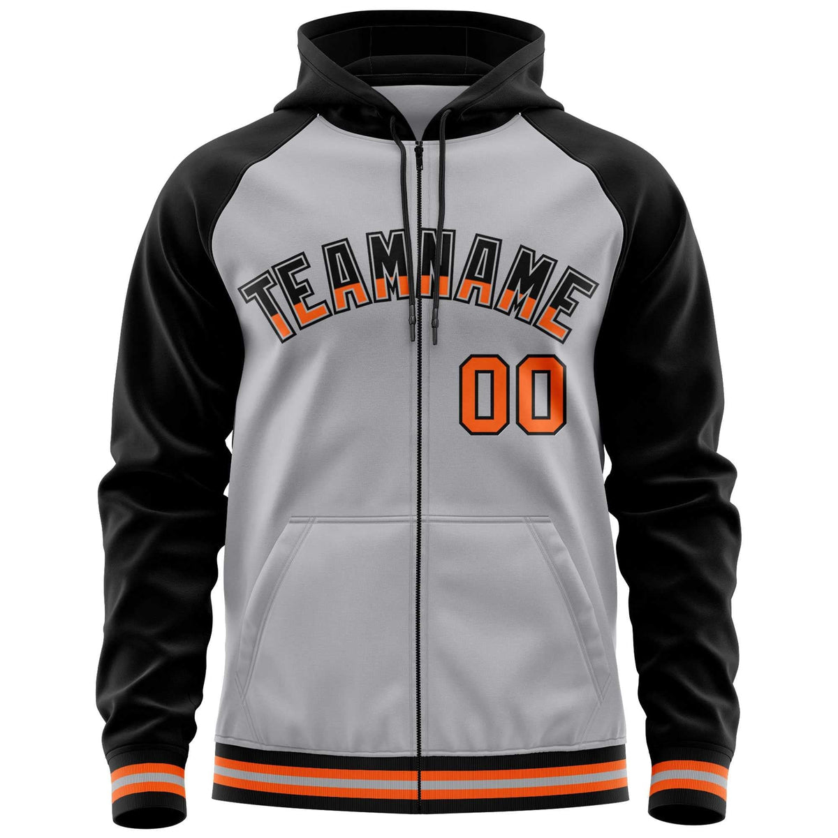 Custom Stitched Gray Black Raglan Sleeves Sports Full-Zip Sweatshirt Hoodie| KXKSHOP