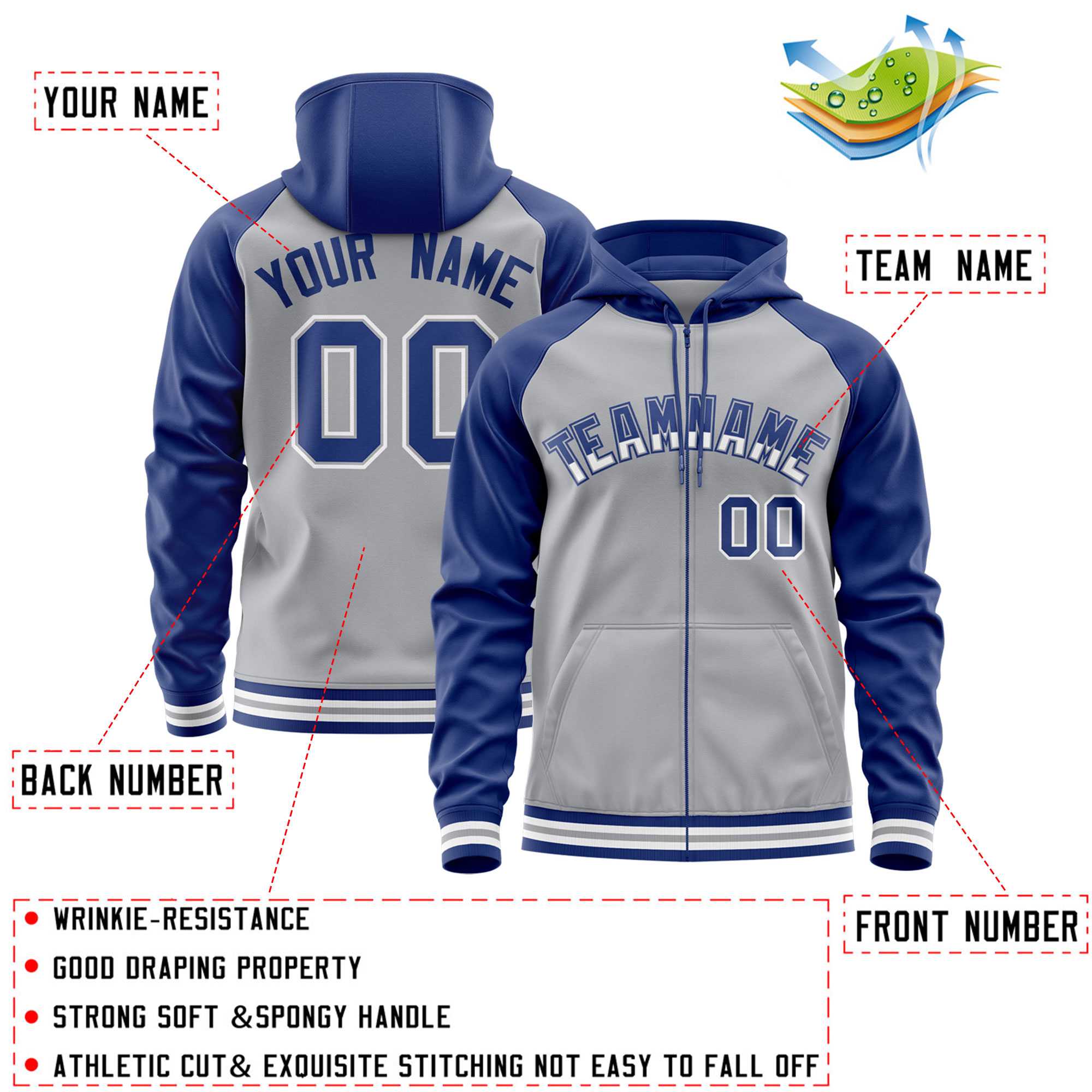 Custom Stitched Gray Royal Raglan Sleeves Sports Full-Zip Sweatshirt Hoodie| KXKSHOP