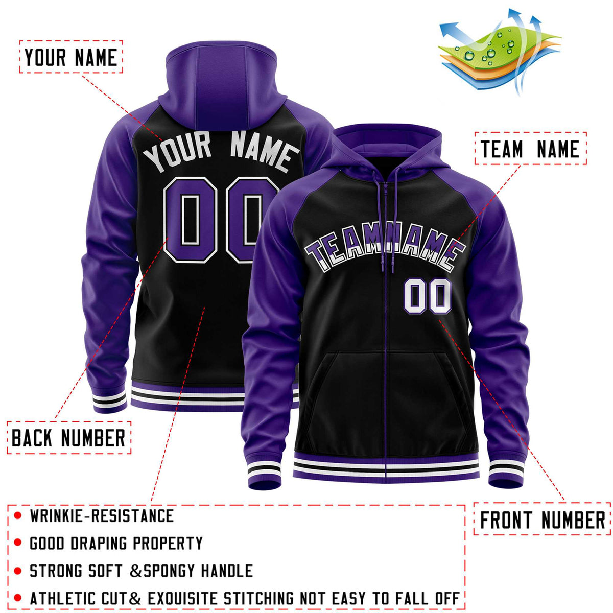 Custom Stitched Black Purple Raglan Sleeves Sports Full-Zip Sweatshirt Hoodie| KXKSHOP