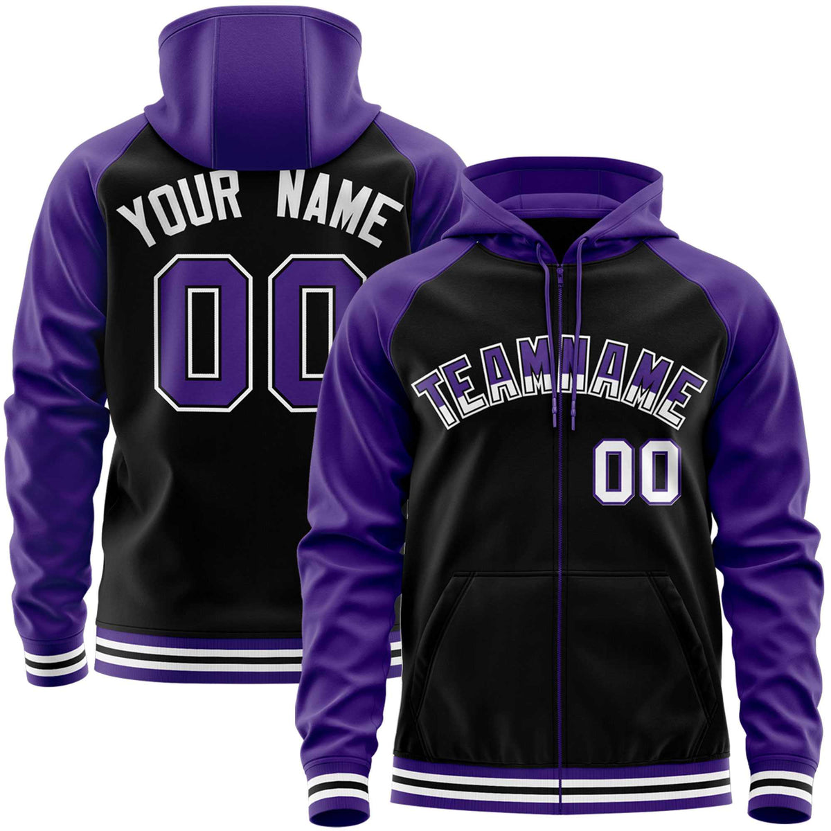 Custom Stitched Black Purple Raglan Sleeves Sports Full-Zip Sweatshirt Hoodie| KXKSHOP