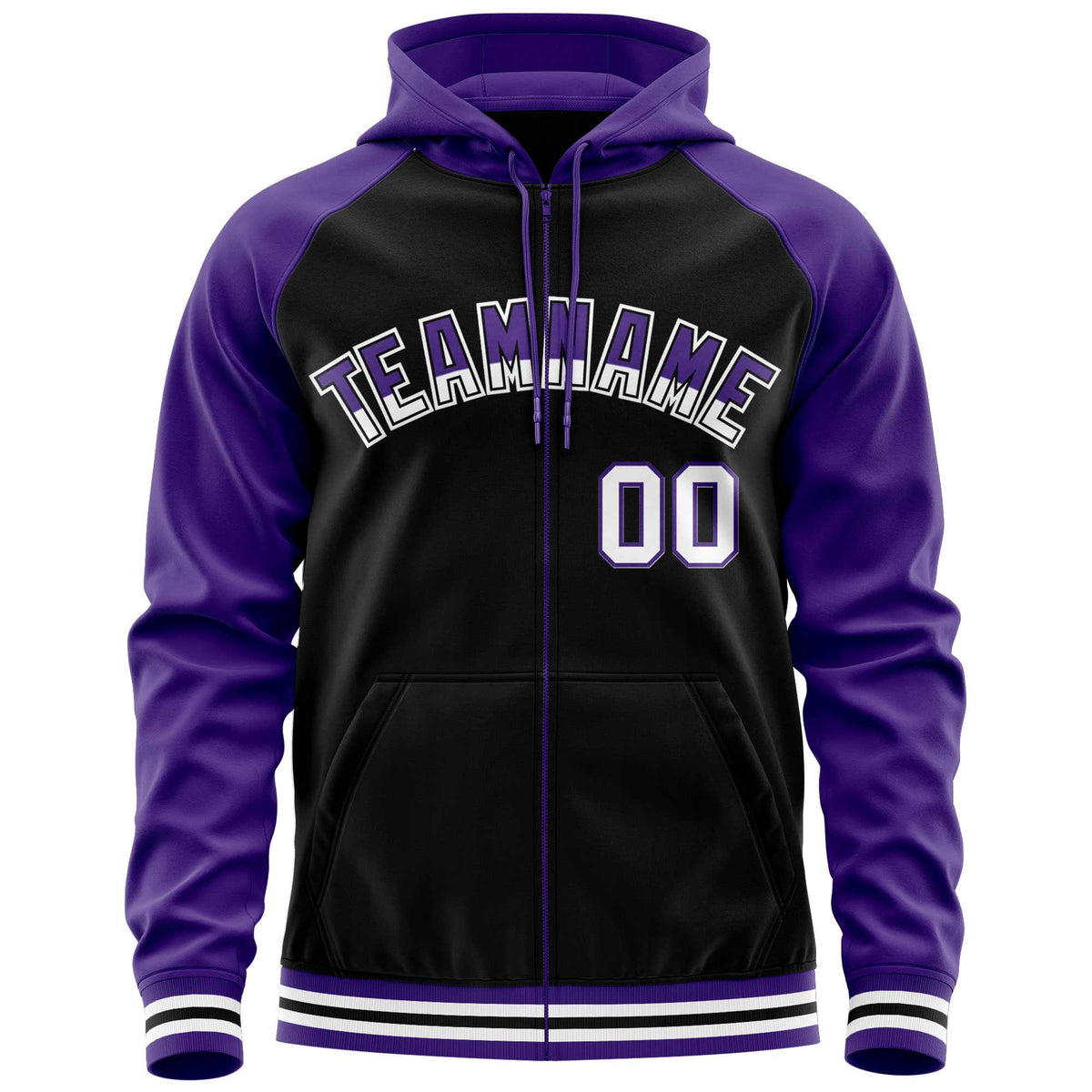 Custom Stitched Black Purple Raglan Sleeves Sports Full-Zip Sweatshirt Hoodie| KXKSHOP