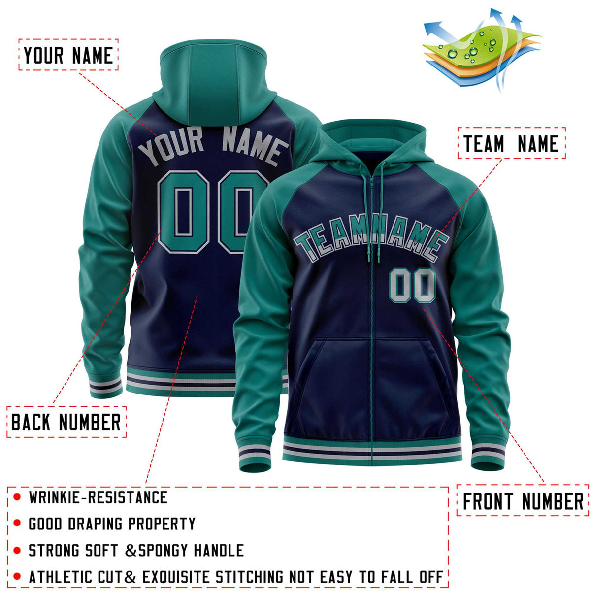 Custom Stitched Navy Aqua Raglan Sleeves Sports Full-Zip Sweatshirt Hoodie| KXKSHOP