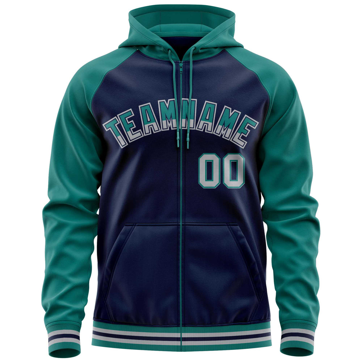 Custom Stitched Navy Aqua Raglan Sleeves Sports Full-Zip Sweatshirt Hoodie| KXKSHOP