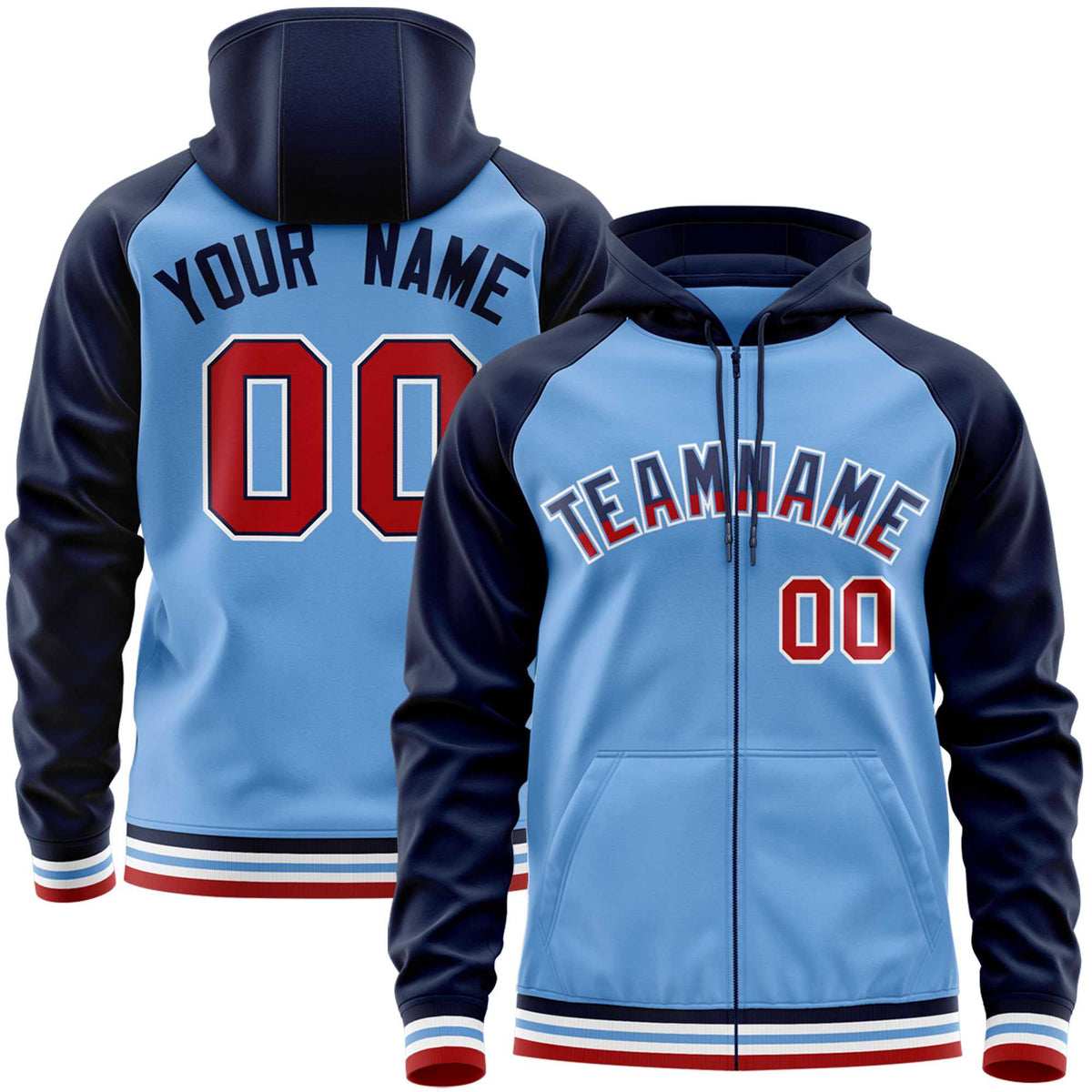 Custom Stitched Powder Blue Navy Raglan Sleeves Sports Full-Zip Sweatshirt Hoodie| KXKSHOP