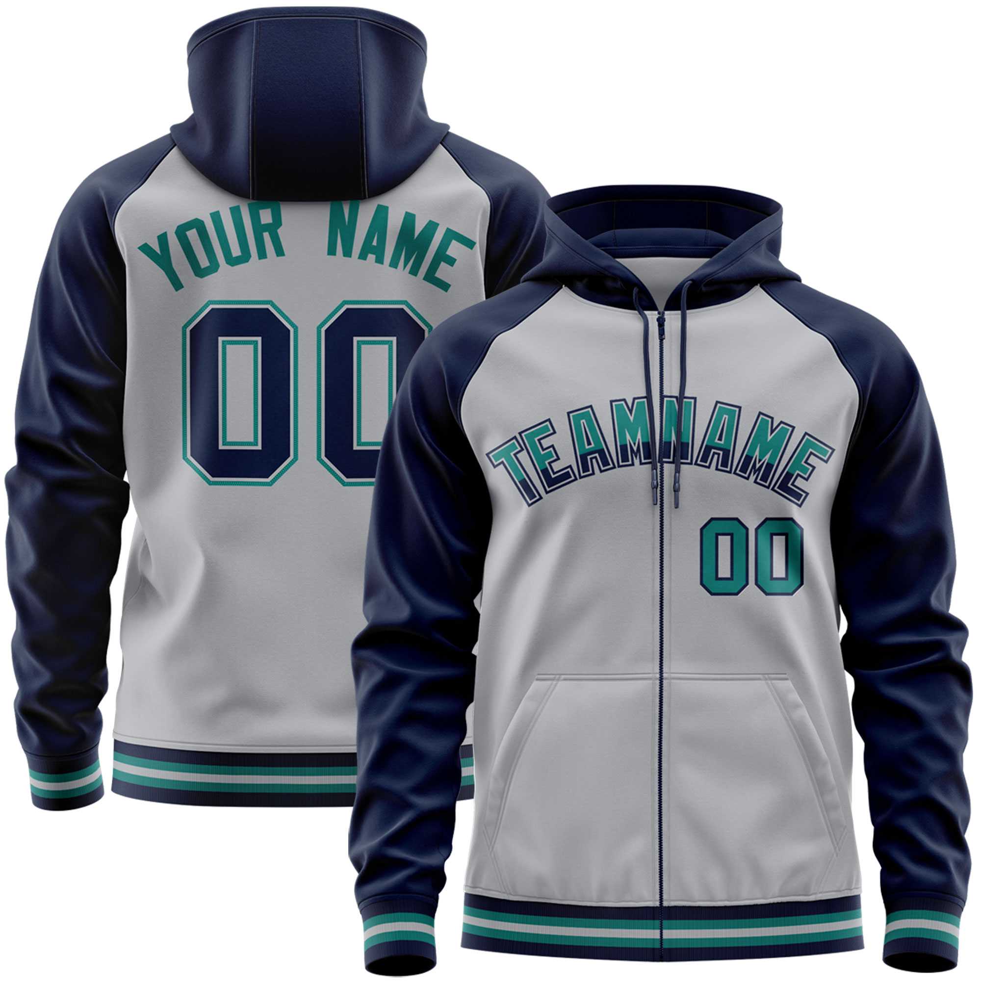Custom Stitched Gray Navy Raglan Sleeves Sports Full-Zip Sweatshirt Hoodie| KXKSHOP