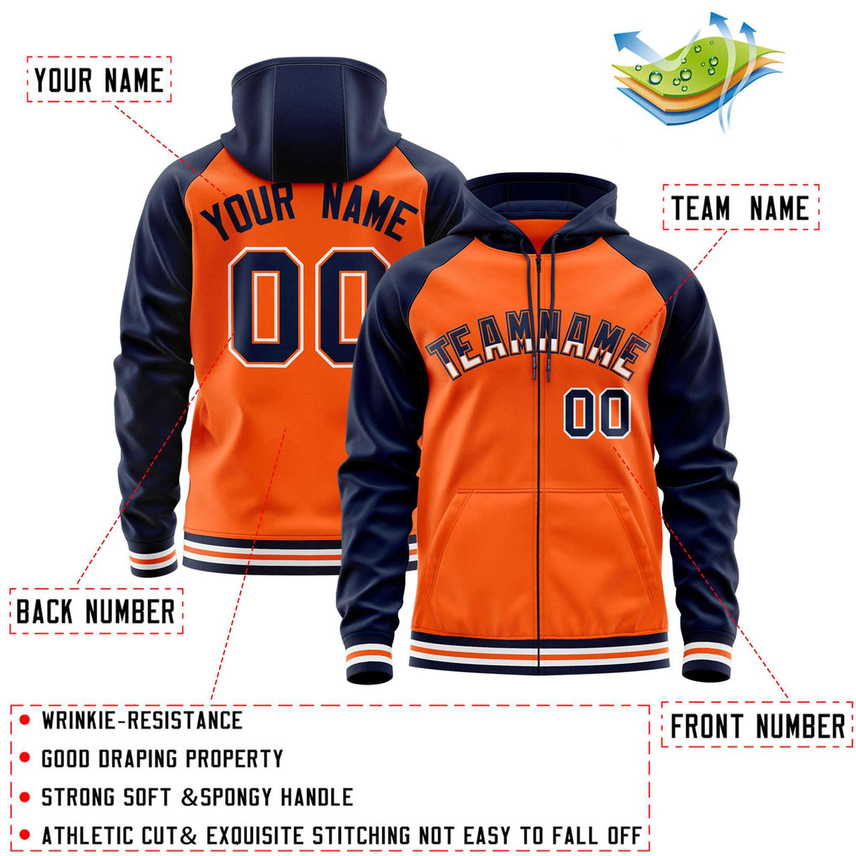 Custom Stitched Orange Navy Raglan Sleeves Sports Full-Zip Sweatshirt Hoodie| KXKSHOP