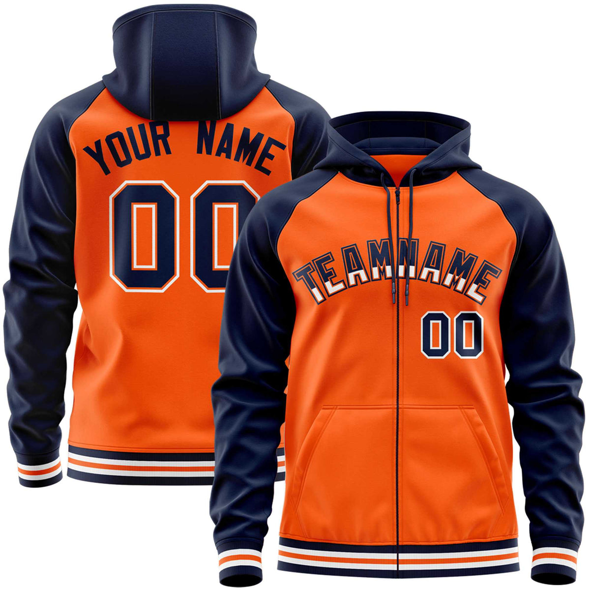 Custom Stitched Orange Navy Raglan Sleeves Sports Full-Zip Sweatshirt Hoodie| KXKSHOP