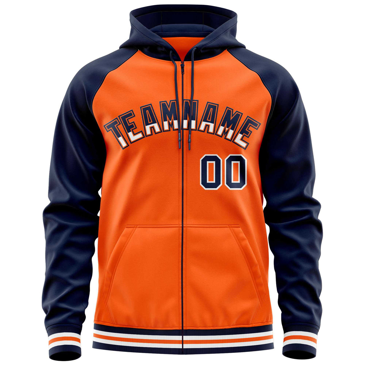 Custom Stitched Orange Navy Raglan Sleeves Sports Full-Zip Sweatshirt Hoodie| KXKSHOP