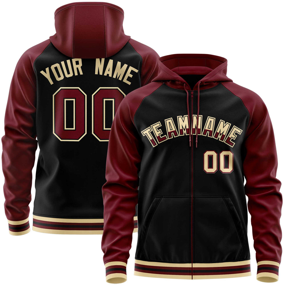 Custom Stitched Black Crimson Raglan Sleeves Sports Full-Zip Sweatshirt Hoodie| KXKSHOP