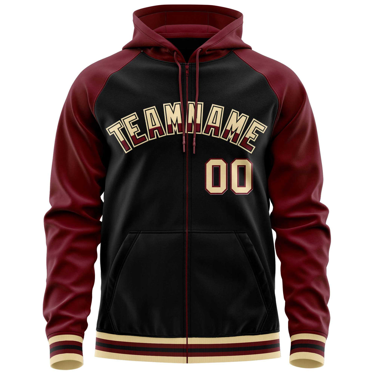Custom Stitched Black Crimson Raglan Sleeves Sports Full-Zip Sweatshirt Hoodie| KXKSHOP