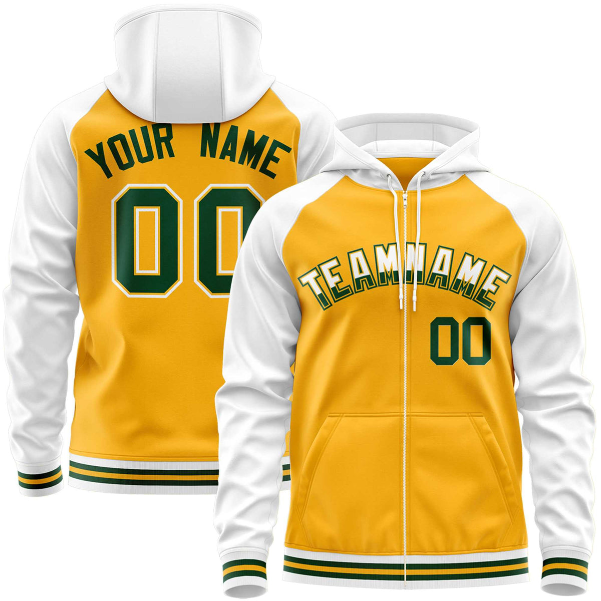 Custom Stitched Yellow White Raglan Sleeves Sports Full-Zip Sweatshirt Hoodie| KXKSHOP