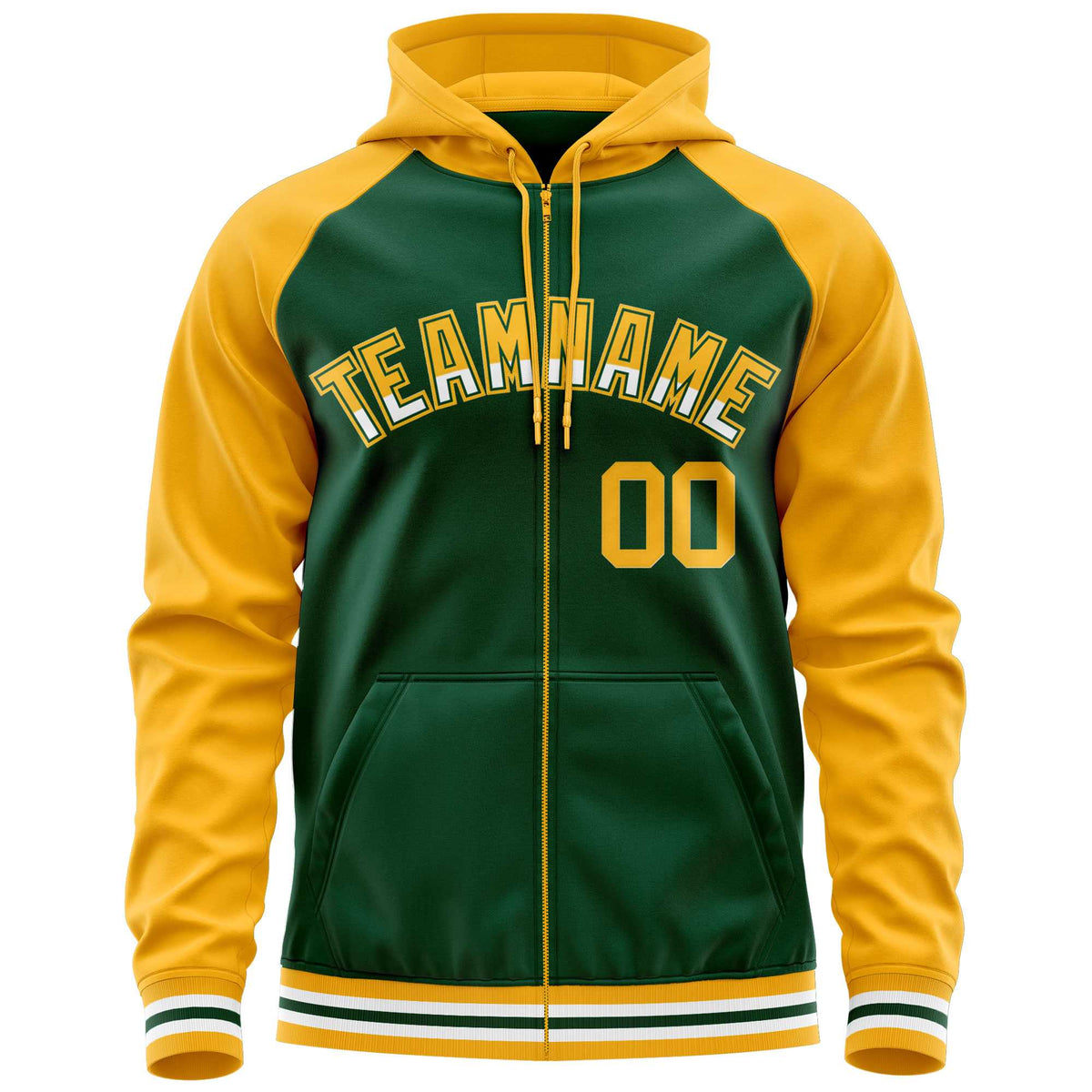 Custom Stitched Green Yellow Raglan Sleeves Sports Full-Zip Sweatshirt Hoodie| KXKSHOP
