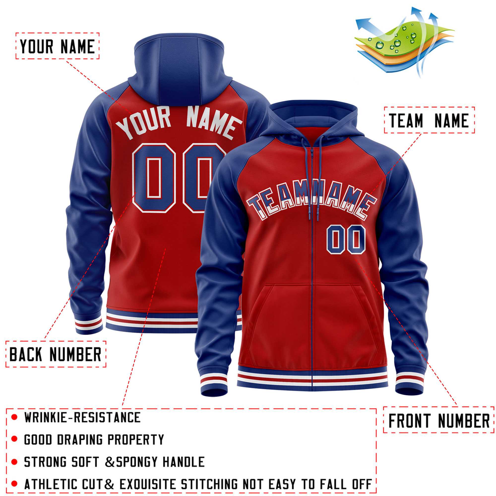 Custom Stitched Red Royal Raglan Sleeves Sports Full-Zip Sweatshirt Hoodie| KXKSHOP