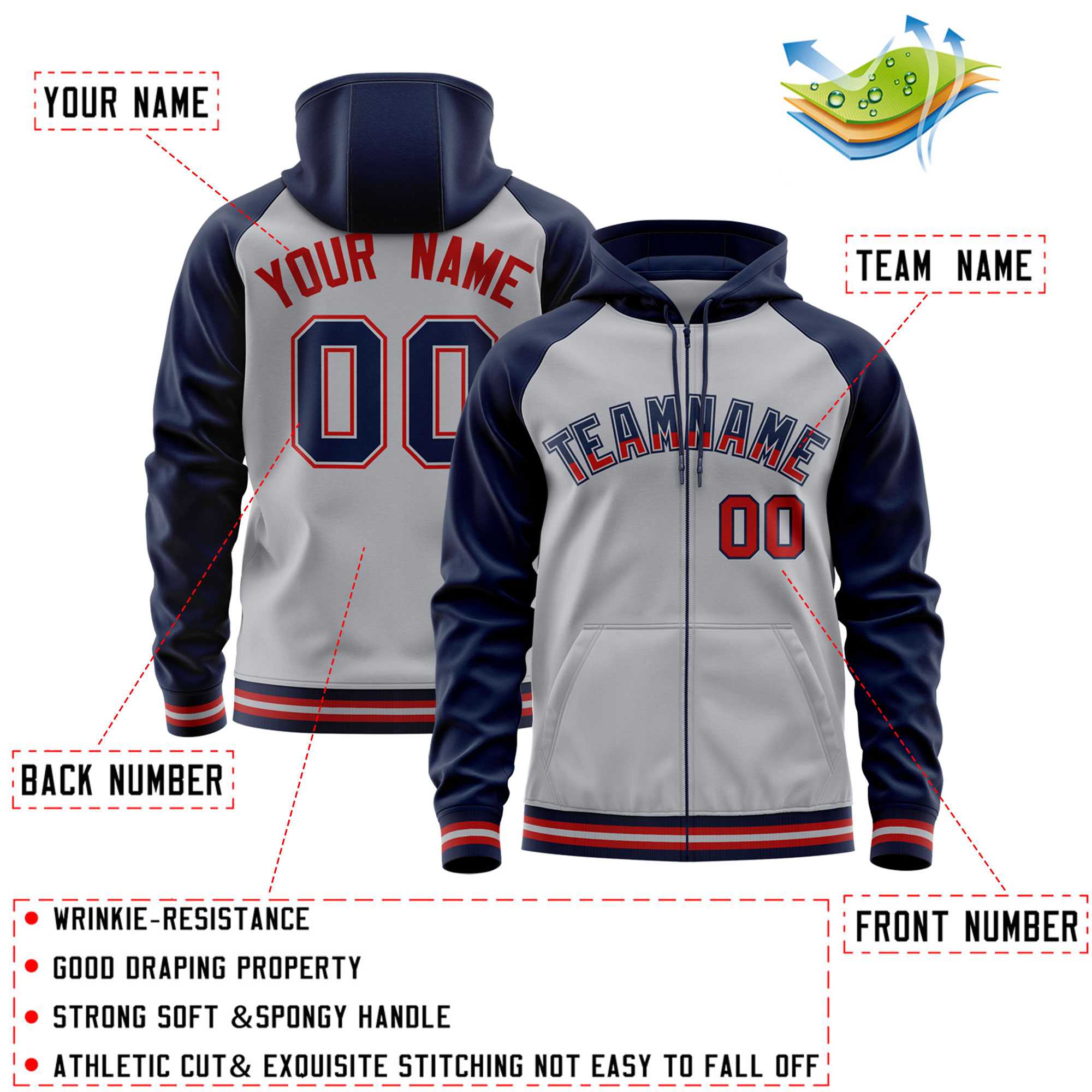Custom Stitched Gray Navy Raglan Sleeves Sports Full-Zip Sweatshirt Hoodie| KXKSHOP