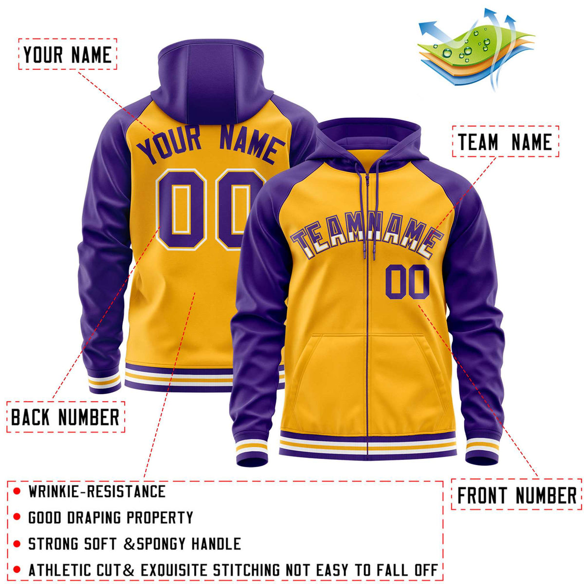 Custom Stitched Yellow Purple Raglan Sleeves Sports Full-Zip Sweatshirt Hoodie| KXKSHOP