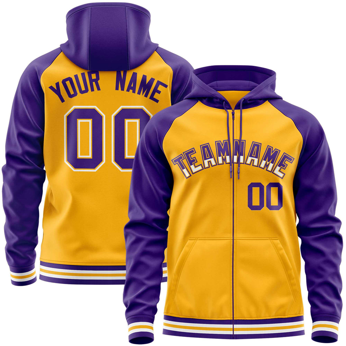 Custom Stitched Yellow Purple Raglan Sleeves Sports Full-Zip Sweatshirt Hoodie| KXKSHOP