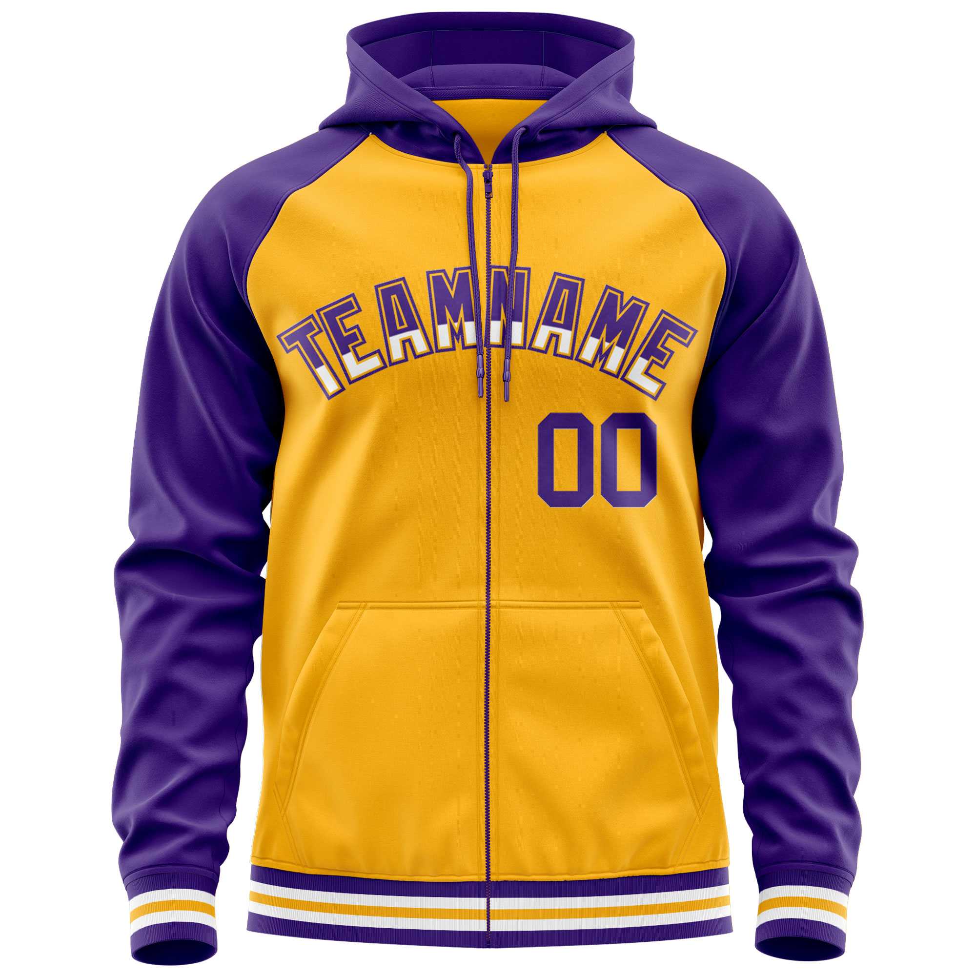Custom Stitched Yellow Purple Raglan Sleeves Sports Full-Zip Sweatshirt Hoodie| KXKSHOP