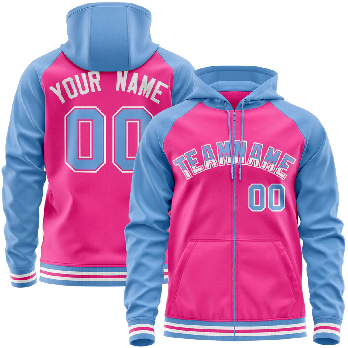 Custom Stitched Pink Powder Blue Raglan Sleeves Sports Full-Zip Sweatshirt Hoodie| KXKSHOP
