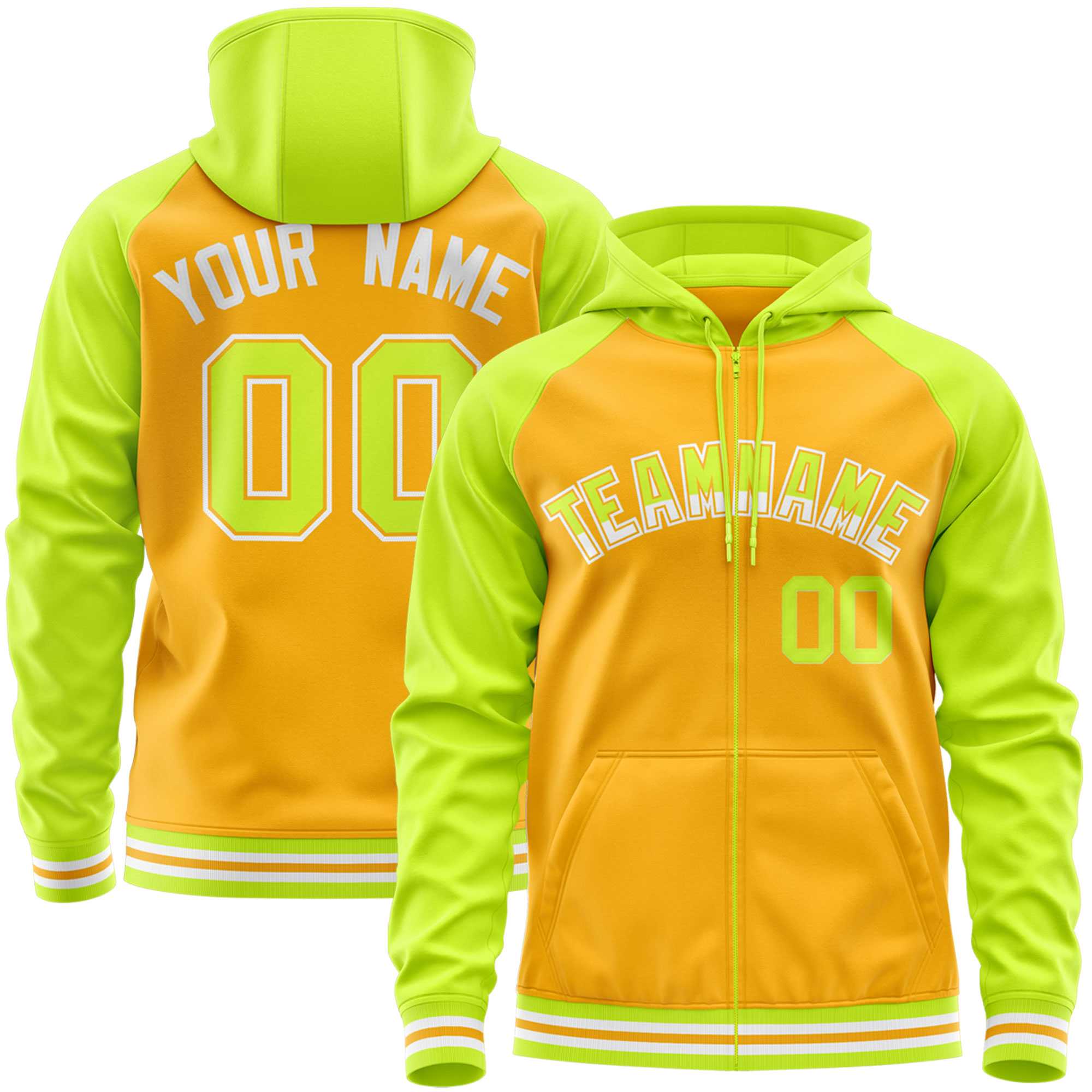 Custom Stitched Yellow Neon Green Raglan Sleeves Sports Full-Zip Sweatshirt Hoodie| KXKSHOP