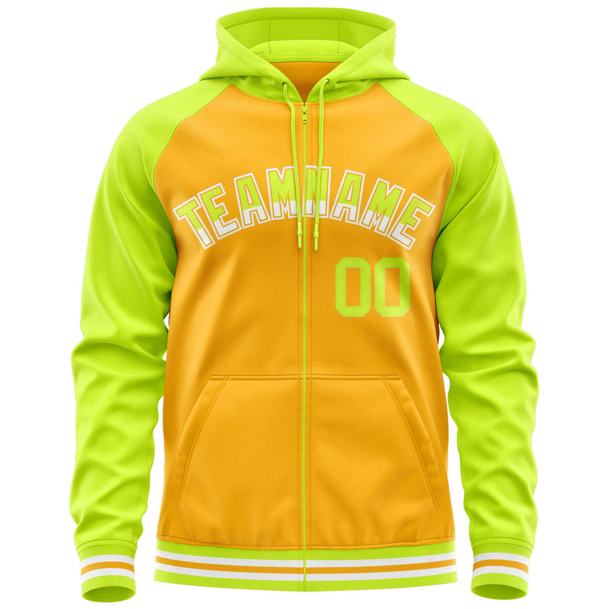 Custom Stitched Yellow Neon Green Raglan Sleeves Sports Full-Zip Sweatshirt Hoodie| KXKSHOP