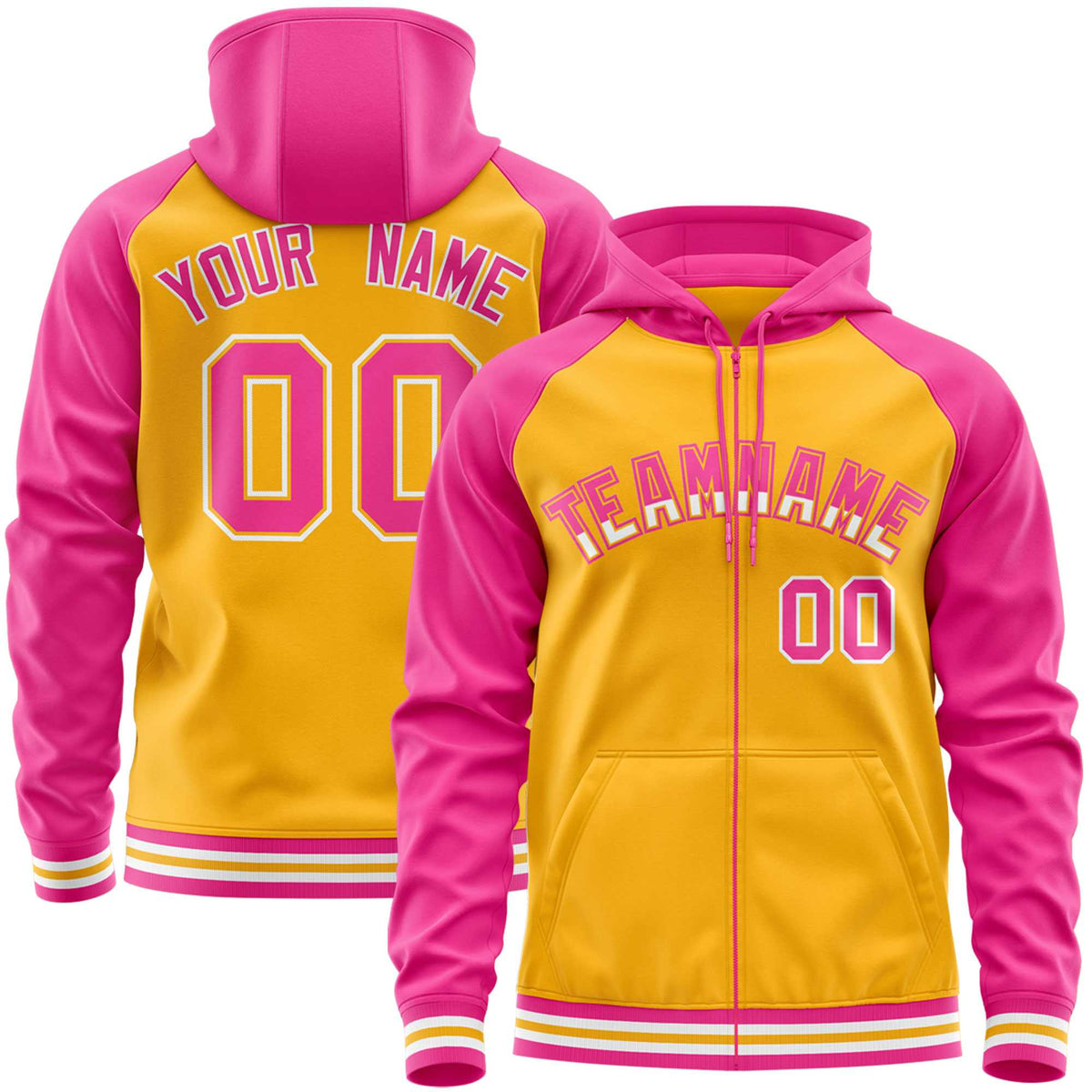 Custom Stitched Yellow Pink Raglan Sleeves Sports Full-Zip Sweatshirt Hoodie| KXKSHOP