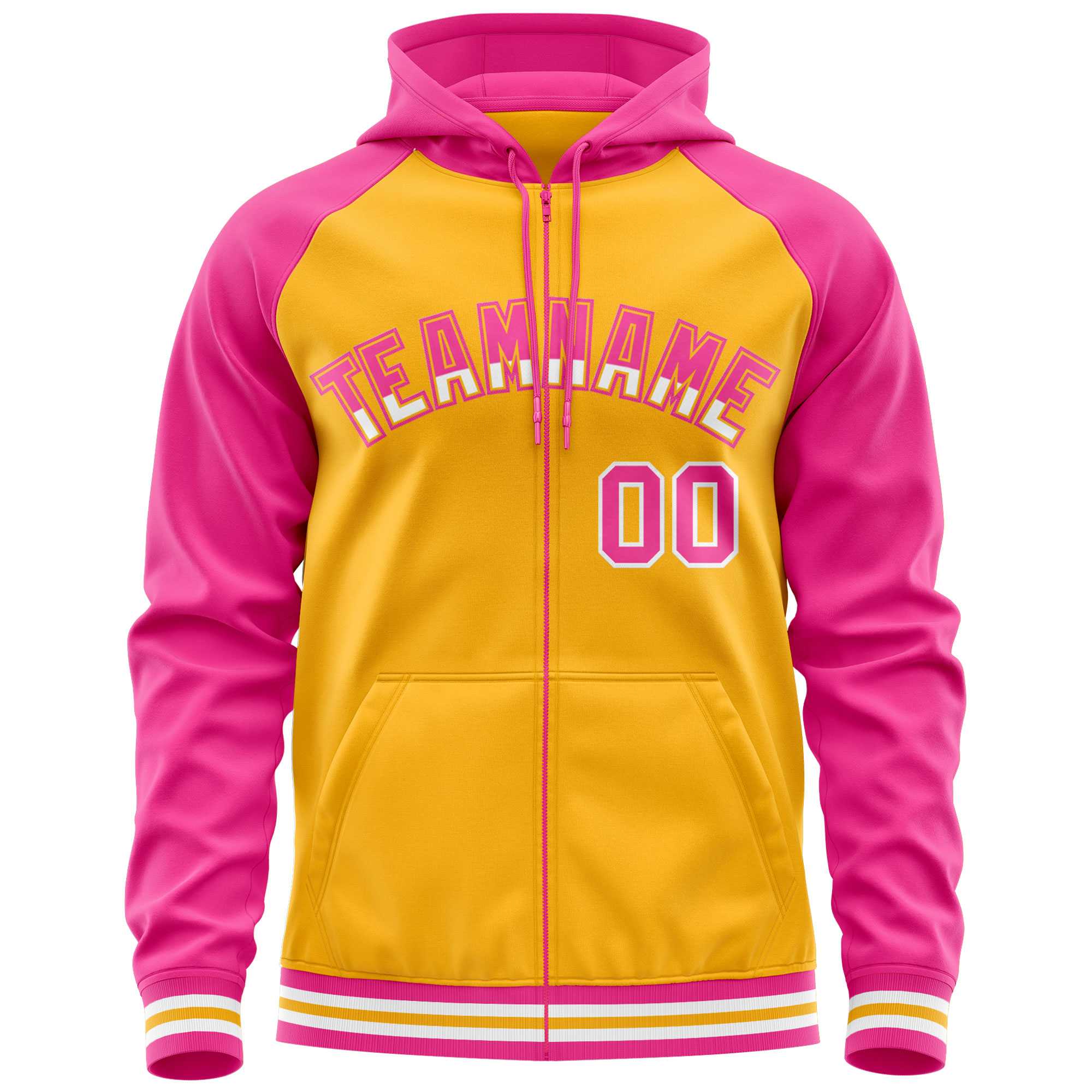 Custom Stitched Yellow Pink Raglan Sleeves Sports Full-Zip Sweatshirt Hoodie| KXKSHOP