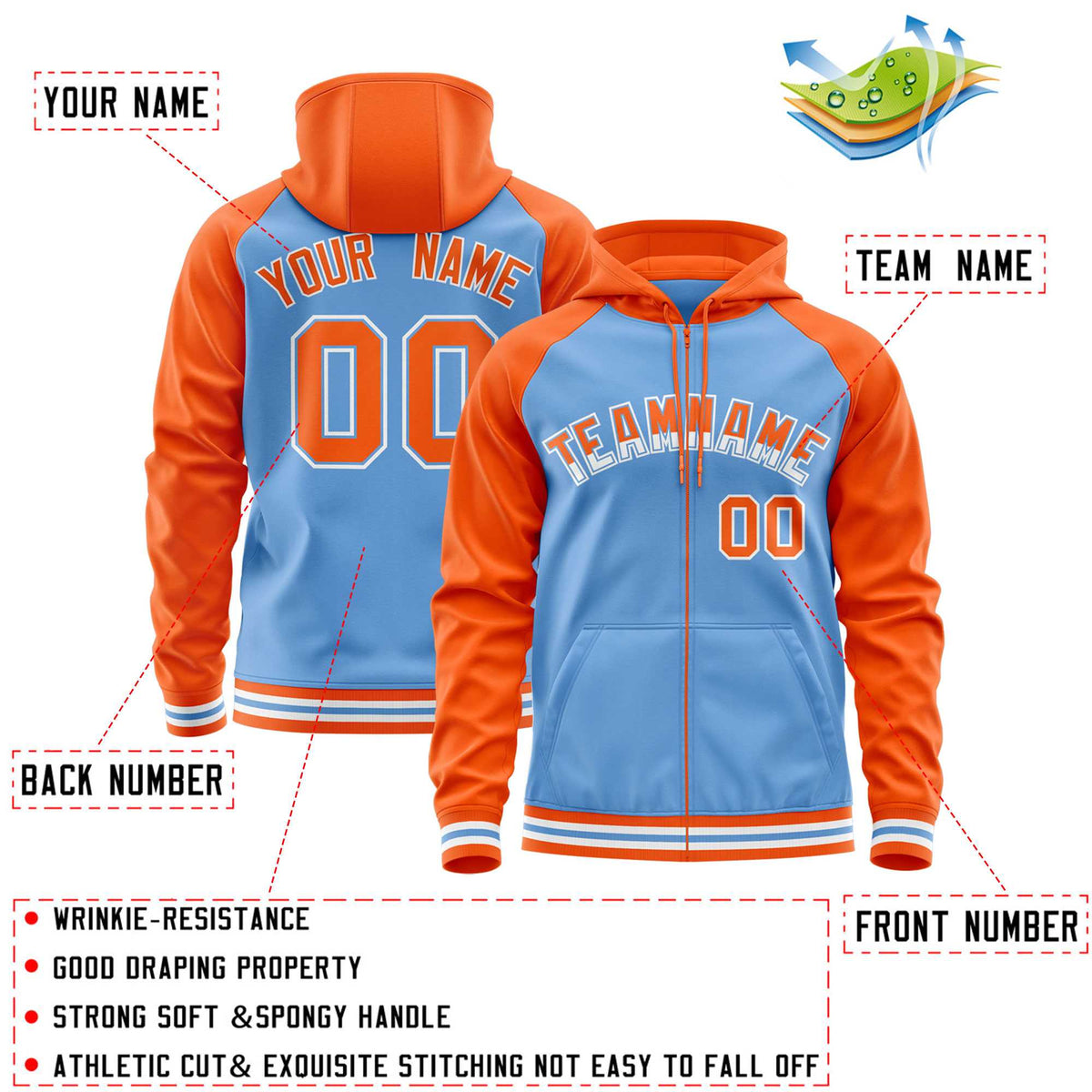 Custom Stitched Powder Blue Orange Raglan Sleeves Sports Full-Zip Sweatshirt Hoodie| KXKSHOP