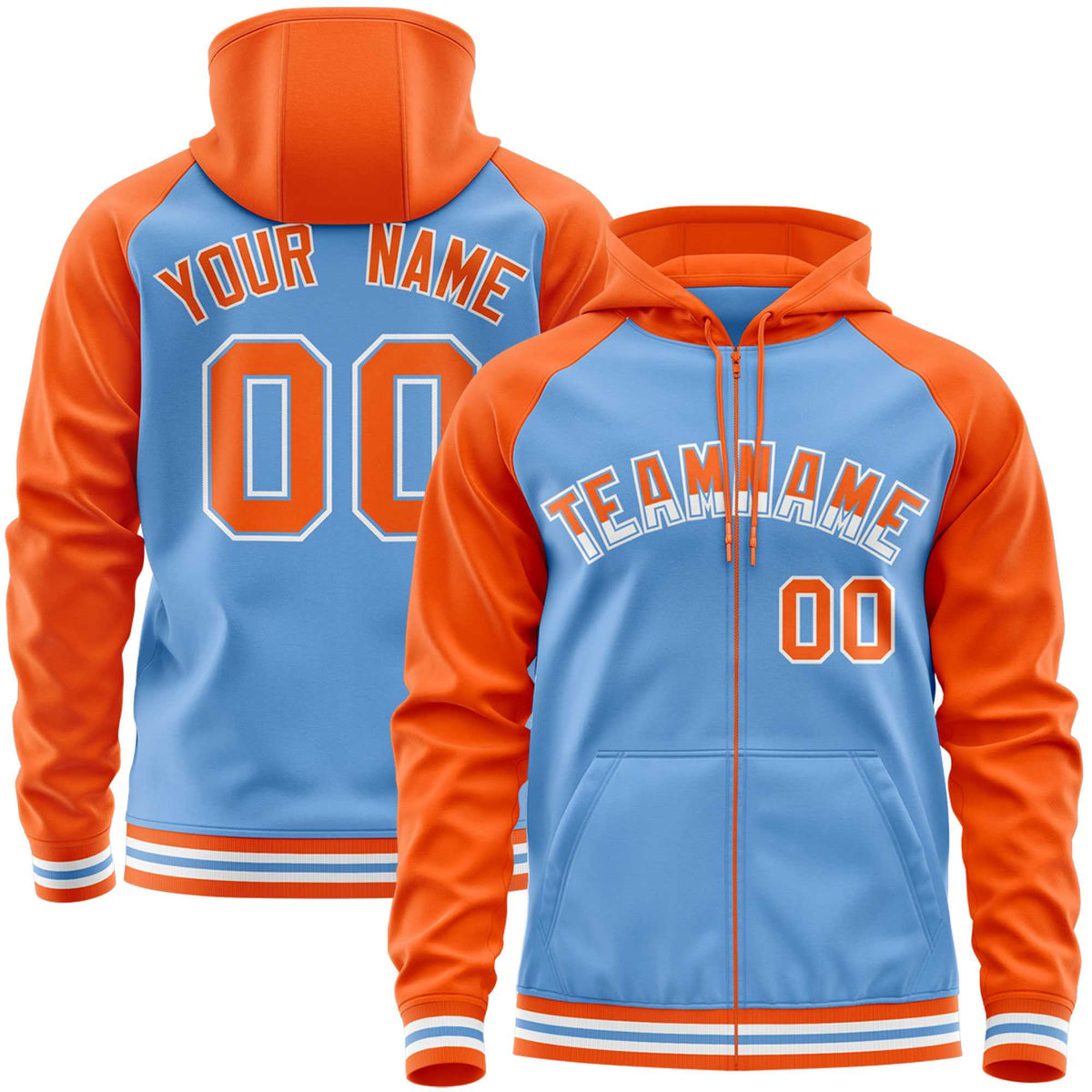 Custom Stitched Powder Blue Orange Raglan Sleeves Sports Full-Zip Sweatshirt Hoodie| KXKSHOP