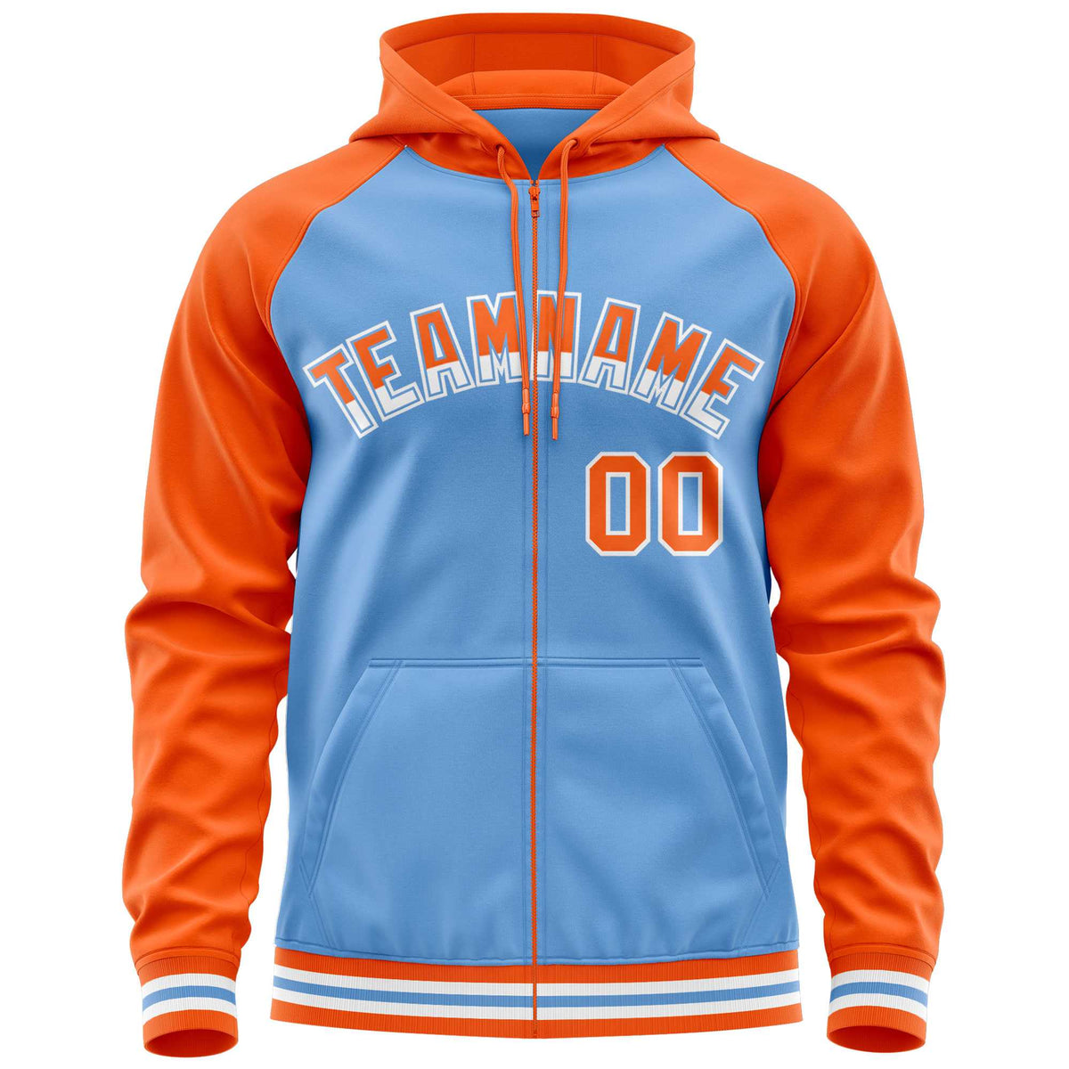 Custom Stitched Powder Blue Orange Raglan Sleeves Sports Full-Zip Sweatshirt Hoodie| KXKSHOP