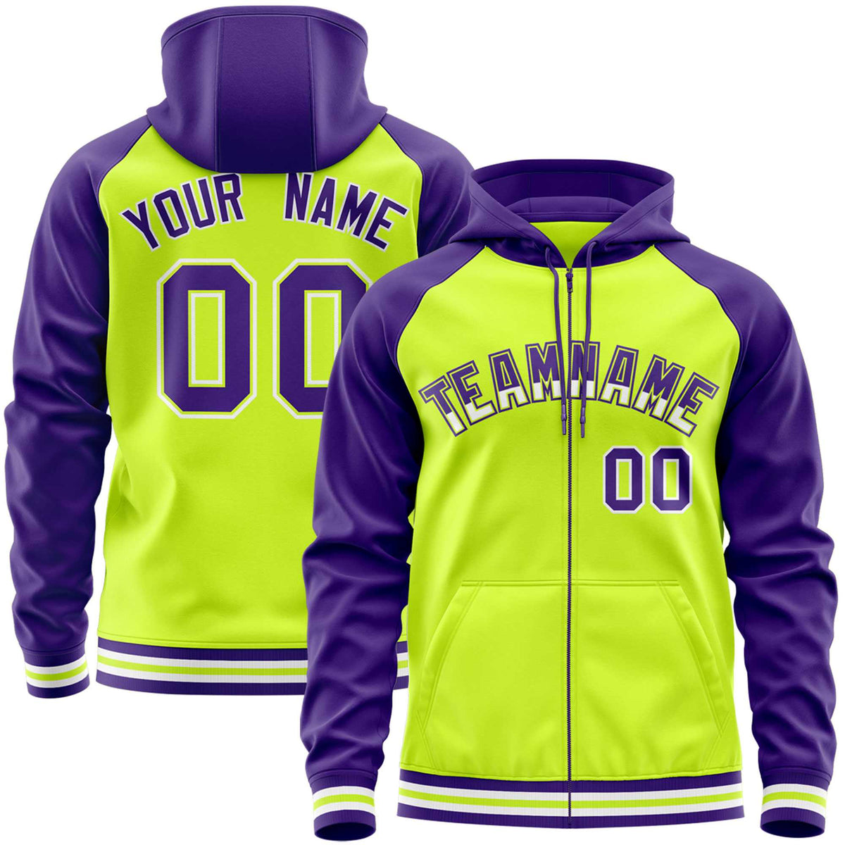 Custom Stitched Neon Green Purple Raglan Sleeves Sports Full-Zip Sweatshirt Hoodie| KXKSHOP