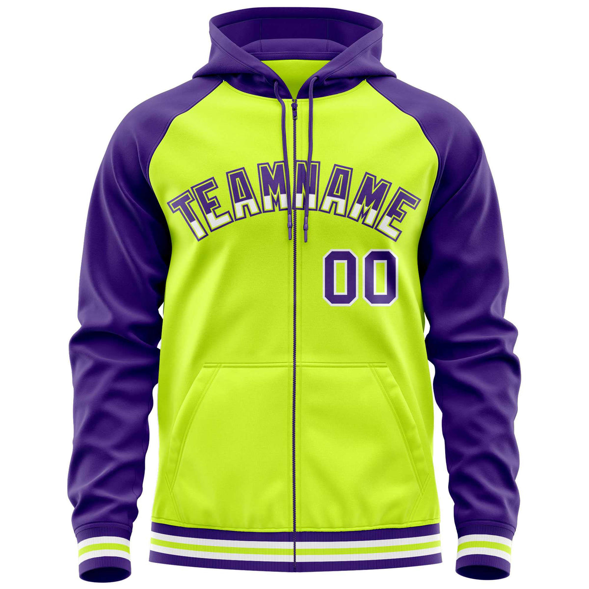 Custom Stitched Neon Green Purple Raglan Sleeves Sports Full-Zip Sweatshirt Hoodie| KXKSHOP