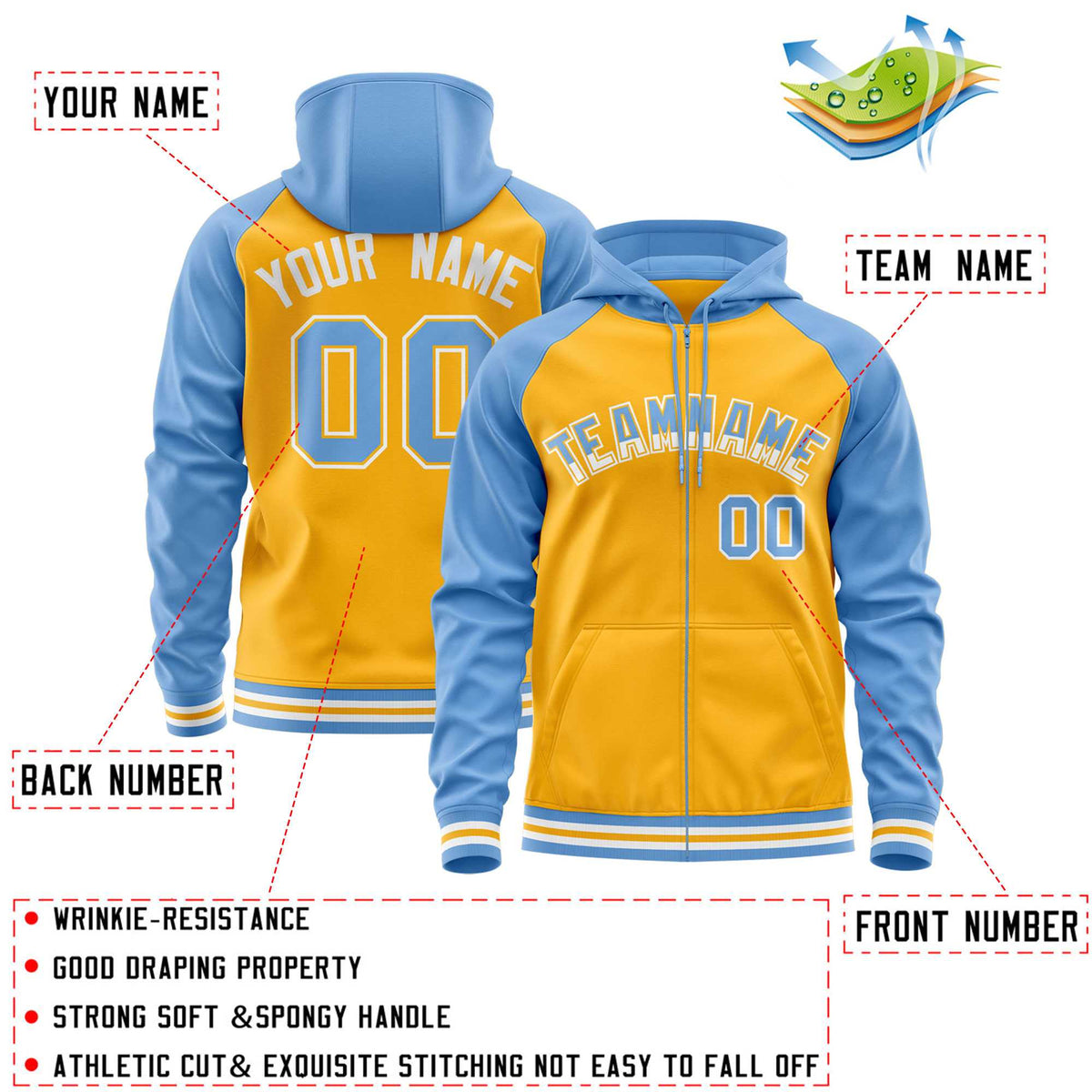 Custom Stitched Yellow Powder Blue Raglan Sleeves Sports Full-Zip Sweatshirt Hoodie| KXKSHOP
