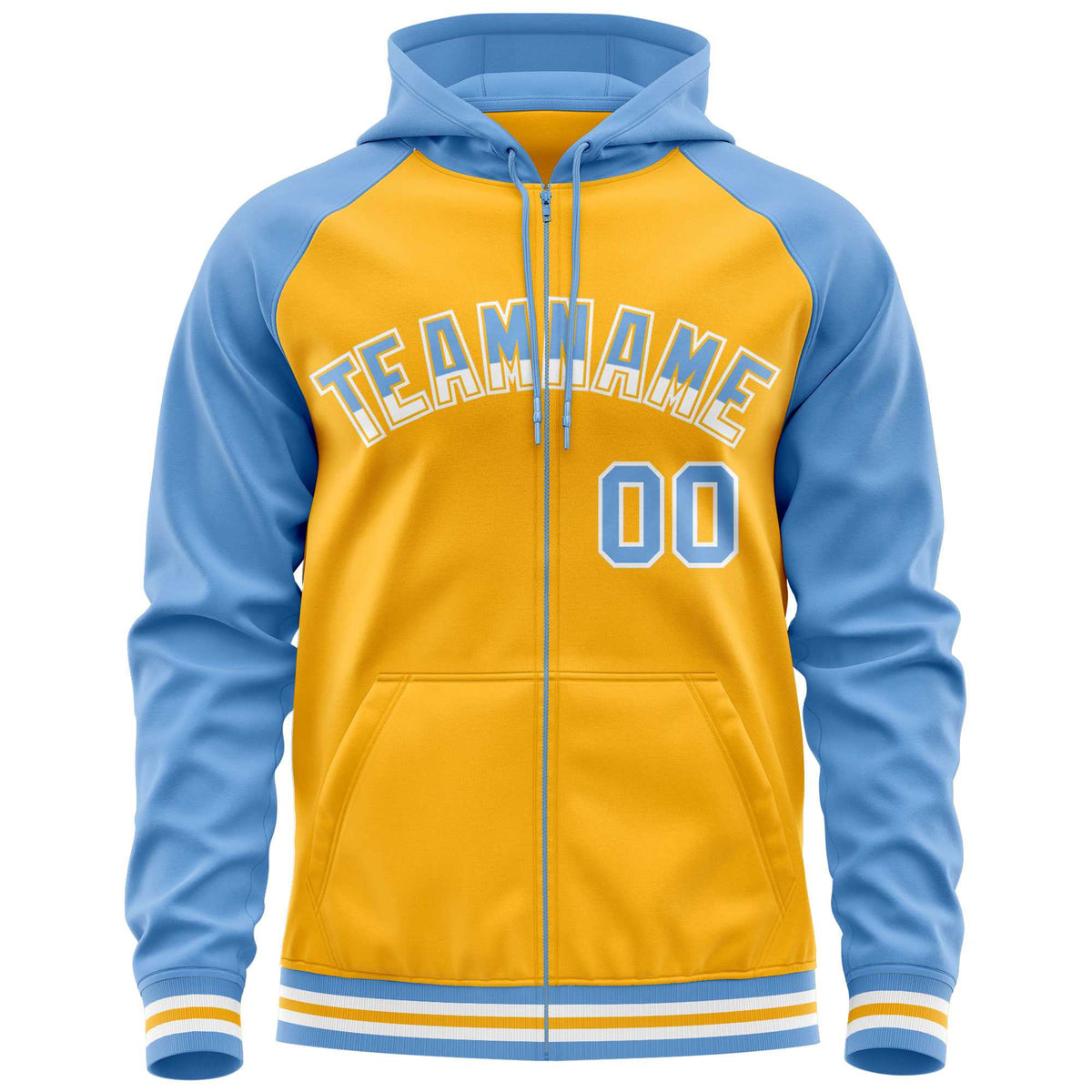 Custom Stitched Yellow Powder Blue Raglan Sleeves Sports Full-Zip Sweatshirt Hoodie| KXKSHOP