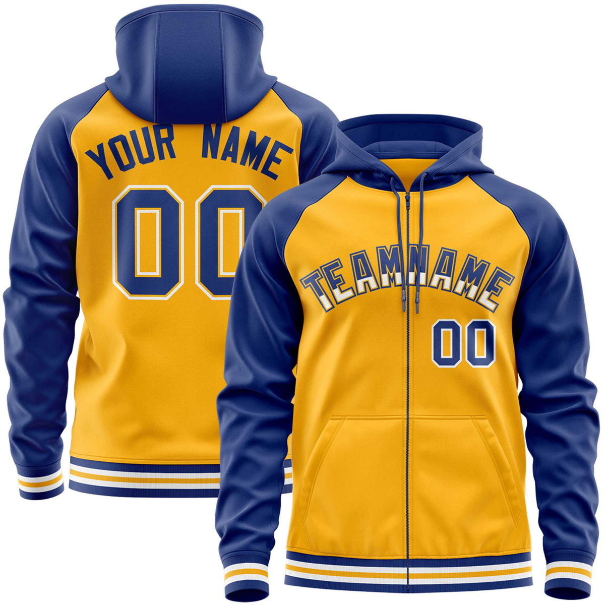 Custom Stitched Yellow Royal Raglan Sleeves Sports Full-Zip Sweatshirt Hoodie| KXKSHOP