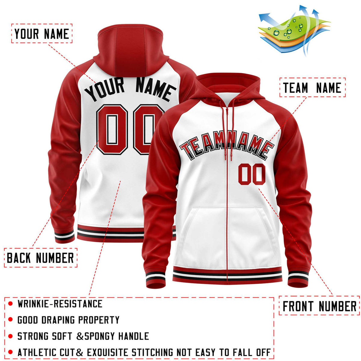 Custom Stitched White Red Raglan Sleeves Sports Full-Zip Sweatshirt Hoodie| KXKSHOP