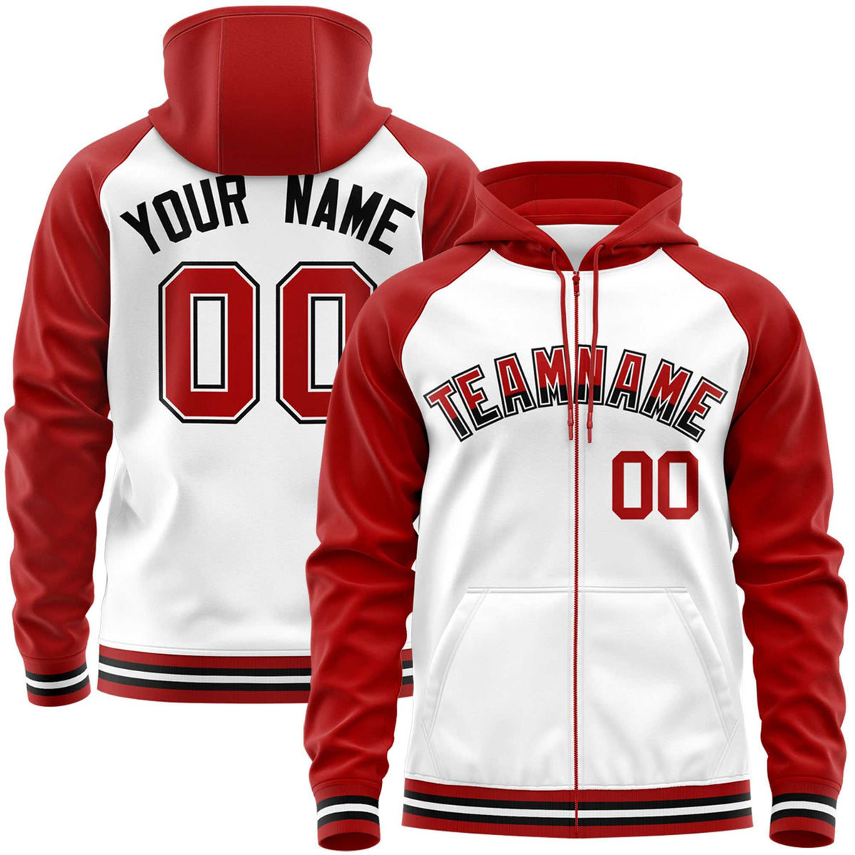 Custom Stitched White Red Raglan Sleeves Sports Full-Zip Sweatshirt Hoodie| KXKSHOP