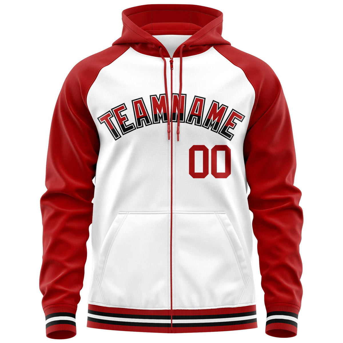 Custom Stitched White Red Raglan Sleeves Sports Full-Zip Sweatshirt Hoodie| KXKSHOP