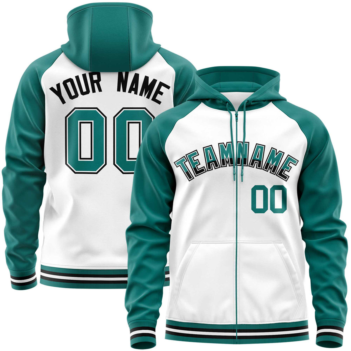 Custom Stitched White Aqua Raglan Sleeves Sports Full-Zip Sweatshirt Hoodie| KXKSHOP
