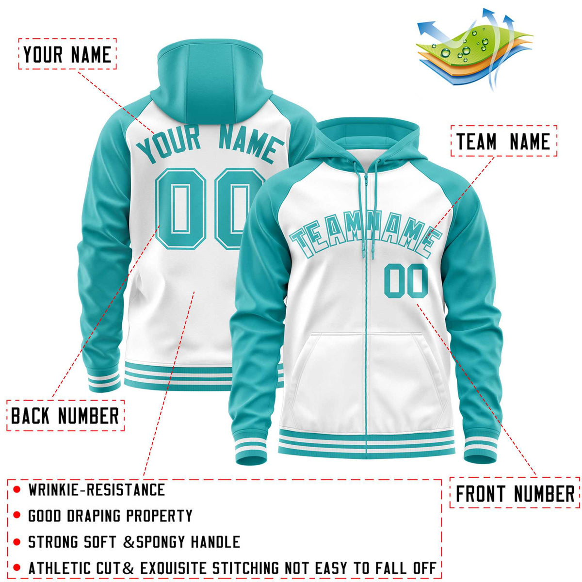 Custom Stitched White Aqua Raglan Sleeves Sports Full-Zip Sweatshirt Hoodie| KXKSHOP